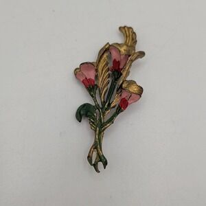 Vintage 1940s Floral Bouquet Brooch Pin Pink Calla Lily Pot Metal Enamel Retro